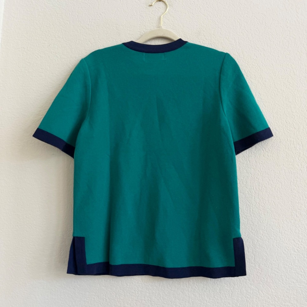 Yves Saint Laurent Vintage Knit Top Green Navy Blue Shoulder Button Short Sleeve - Picture 8 of 9